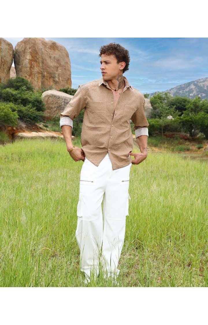 Men's Beige Solid Oversized Shirts