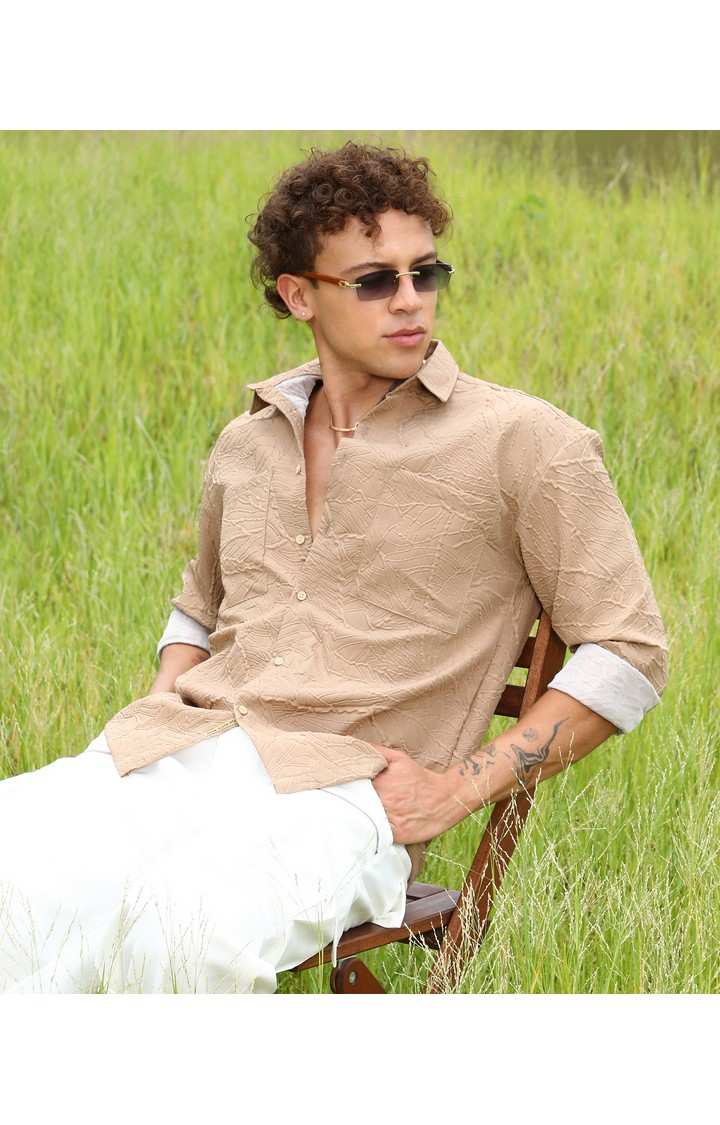 Men's Beige Solid Oversized Shirts
