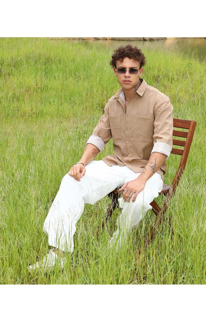 Men's Beige Solid Oversized Shirts