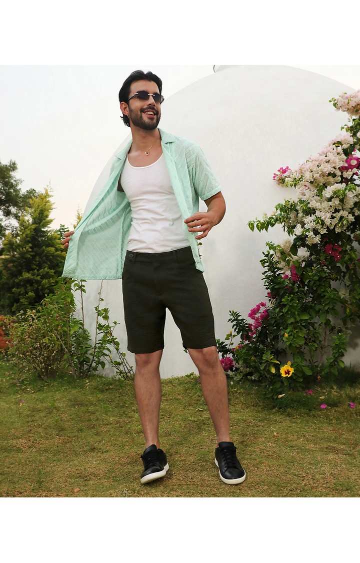 Men's Army Green Solid Polyester Shorts
