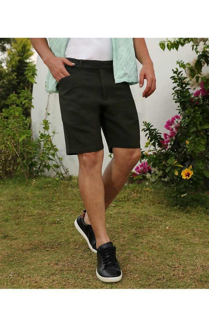 Men's Army Green Solid Polyester Shorts