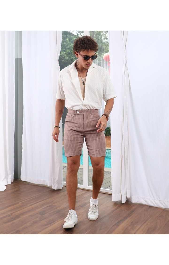 Men's Chestnut Brown Striped Polyester Shorts