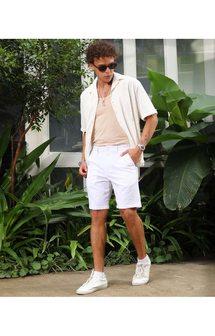 Men's Chalk White Solid Polyester Shorts