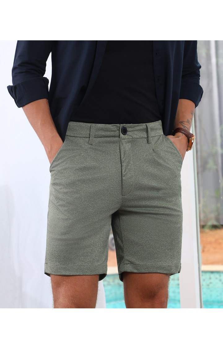 Men's Olive Green Solid Polyester Shorts