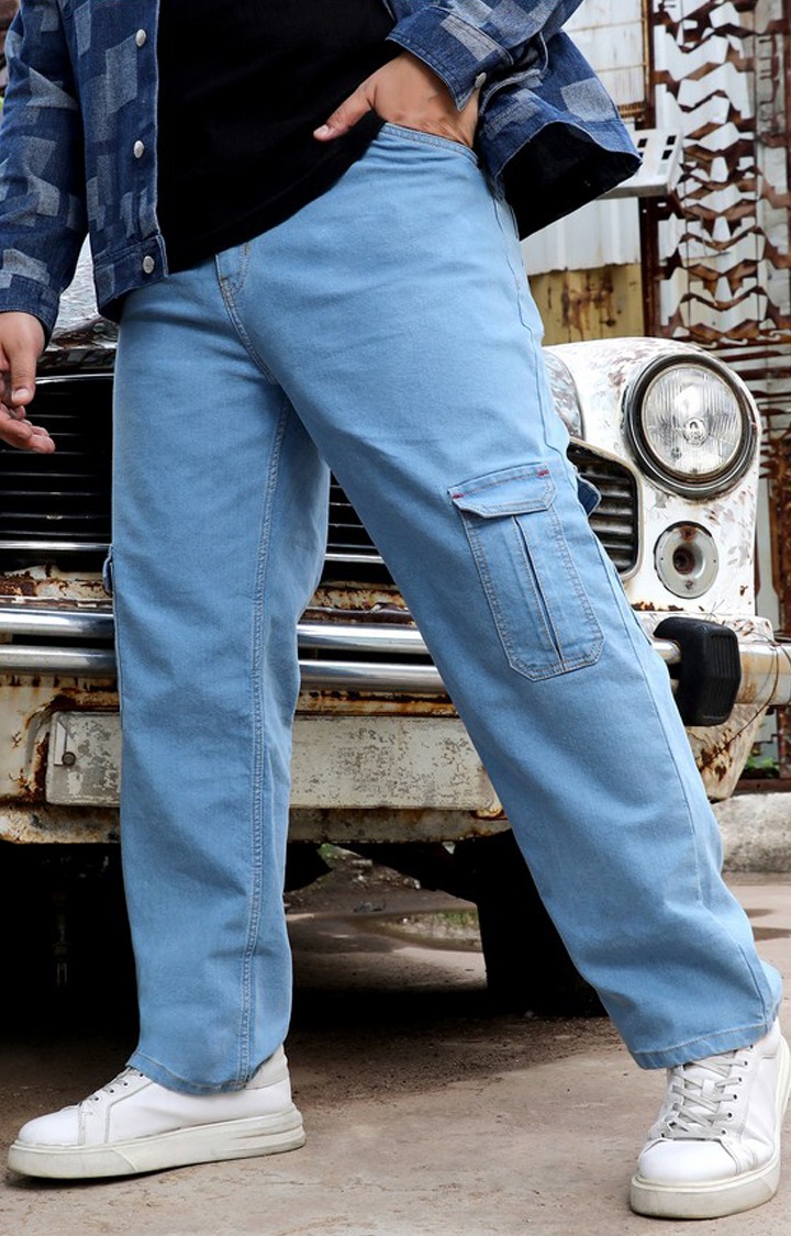 Men's Light Blue Solid Cargos