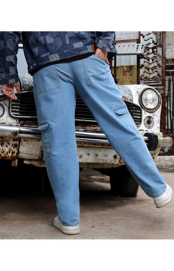 Men's Light Blue Solid Cargos