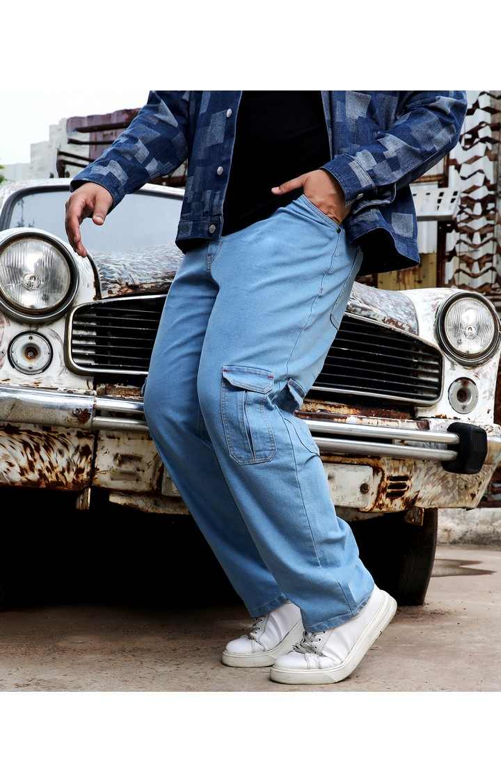 Men's Light Blue Solid Cargos