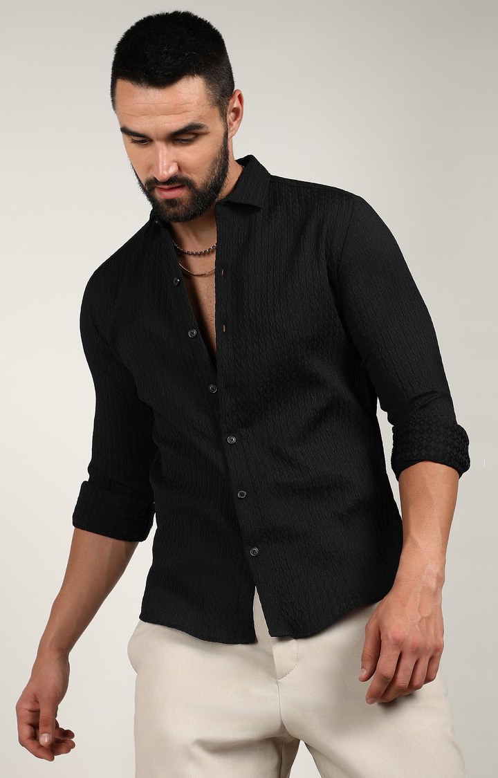 Men's Black Slub Casual Shirts