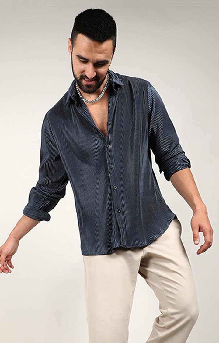 Men's Blue Slub Casual Shirts