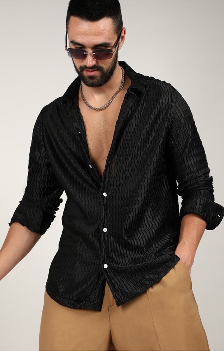 Men's Black Slub Casual Shirts