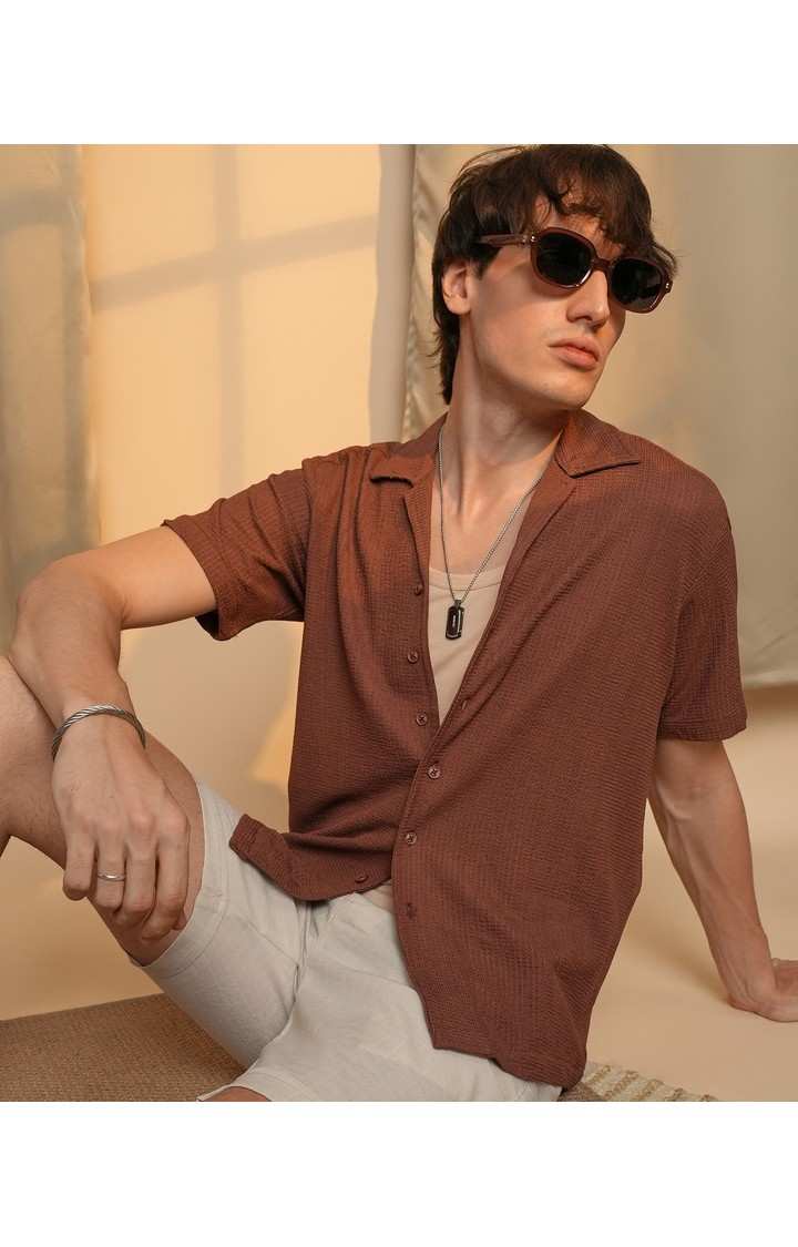 Men's Brown Solid Casual Shirts