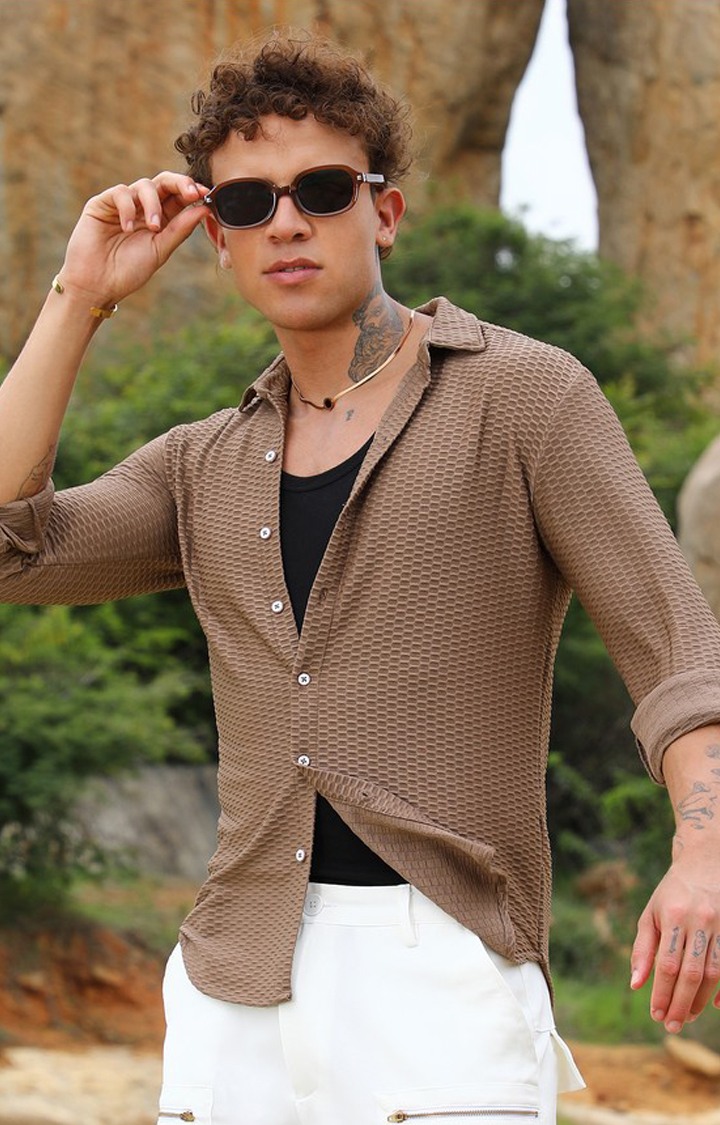 Men's Brown Solid Casual Shirts