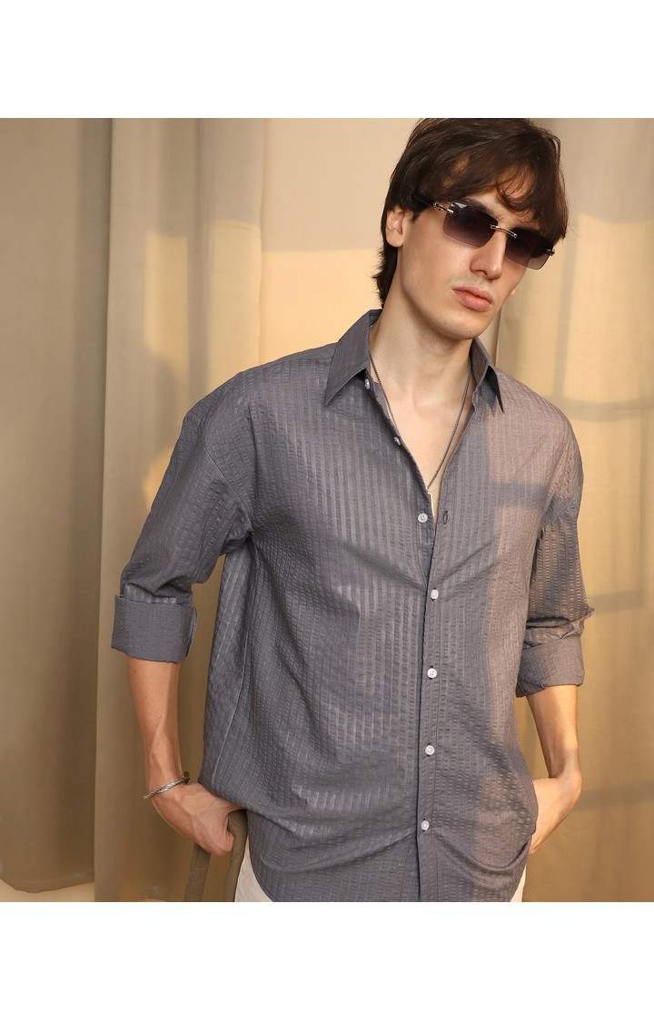 Men's Grey Striped Casual Shirts