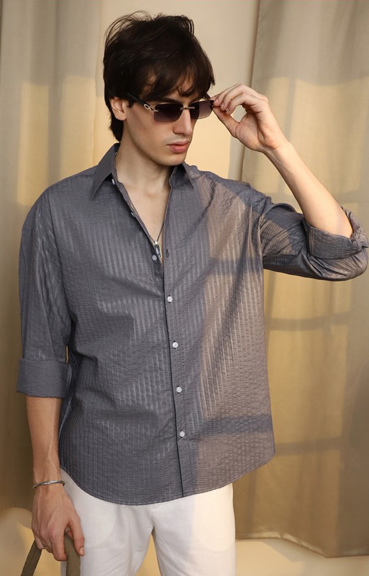 Men's Grey Striped Casual Shirts