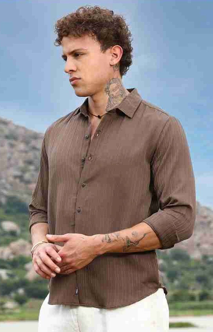 Men's Brown Solid Casual Shirts