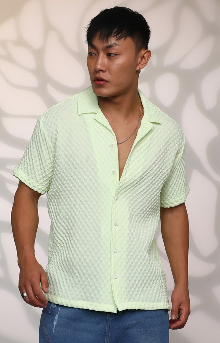 Men's Green Textured Casual Shirts