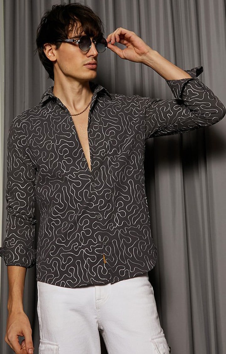 Men's Black Embroidered Casual Shirts