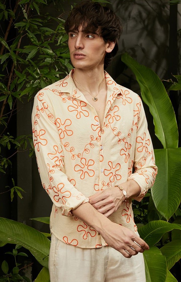 Men's Orange Embroidered Casual Shirts