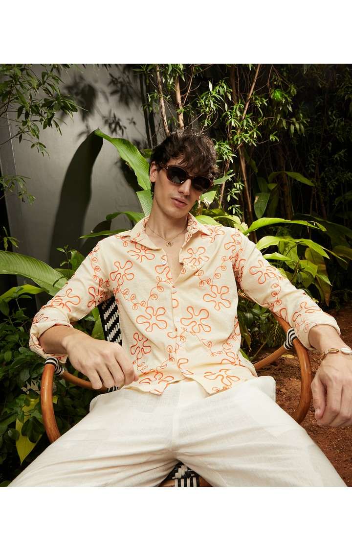 Men's Orange Embroidered Casual Shirts