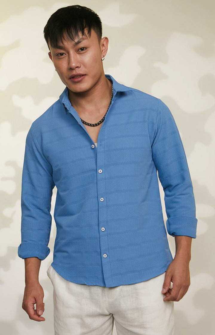Men's Blue Textured Casual Shirts
