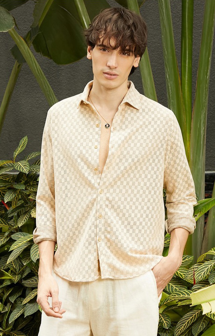 Men's Beige Solid Casual Shirts