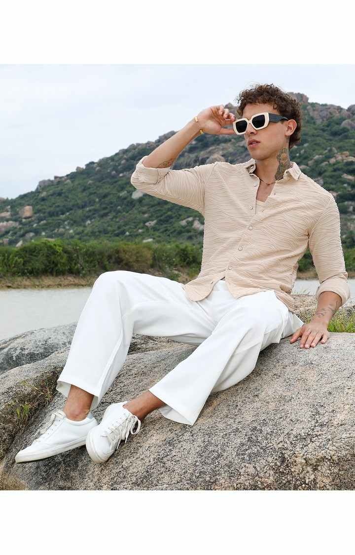 Men's Beige Solid Casual Shirts