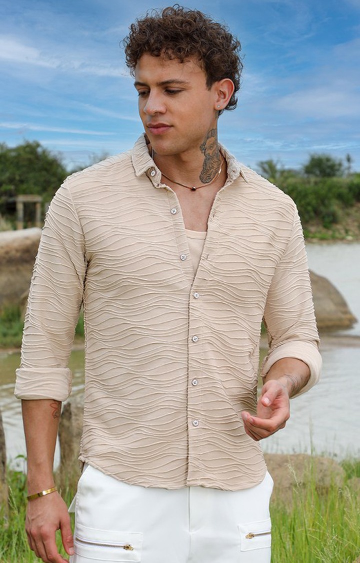Men's Beige Solid Casual Shirts