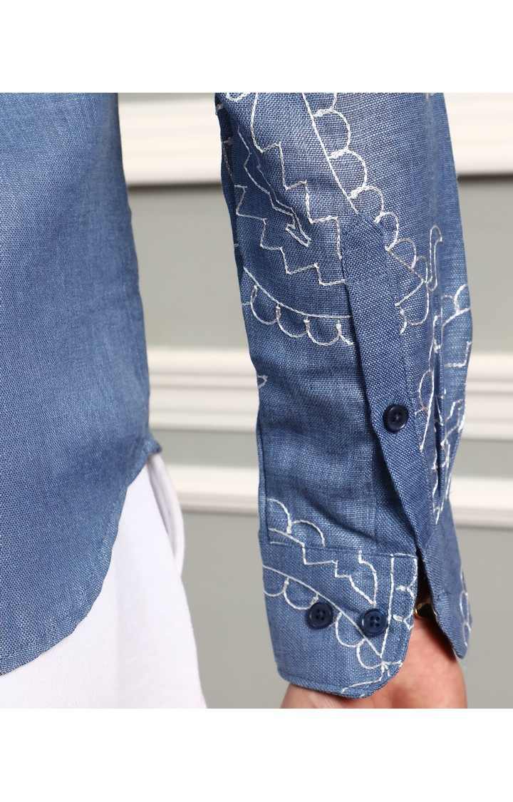 Men's Blue Embroidered Casual Shirts