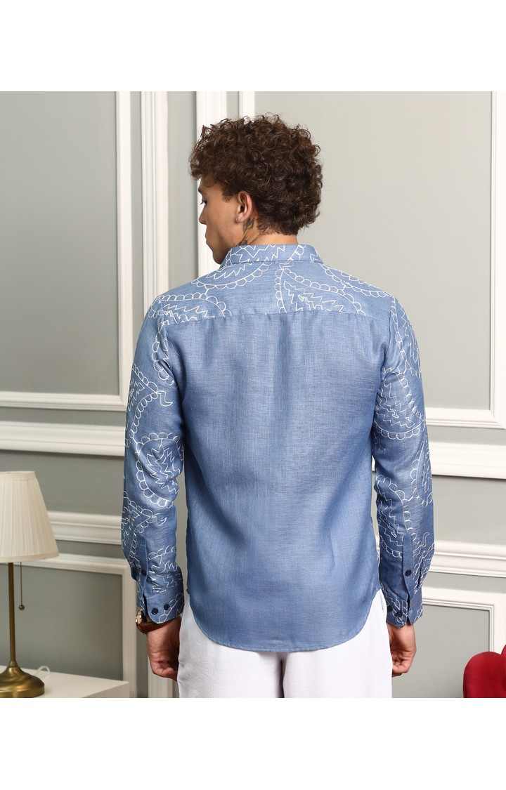 Men's Blue Embroidered Casual Shirts
