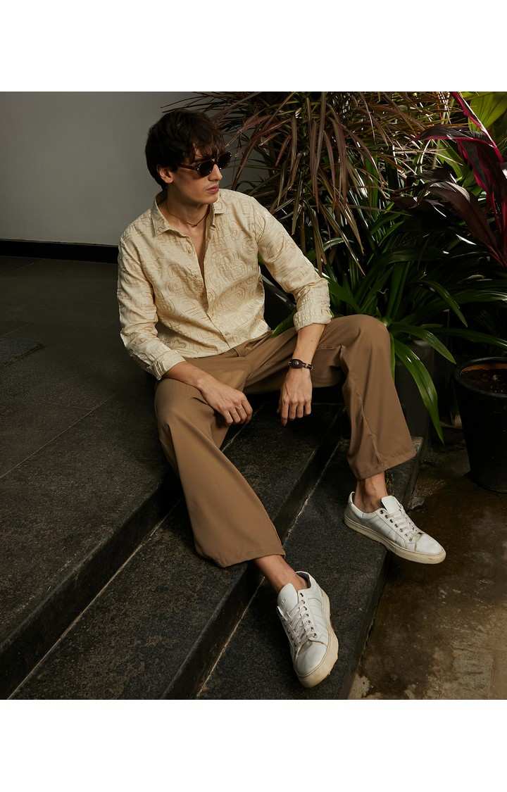 Men's Beige Embroidered Casual Shirts