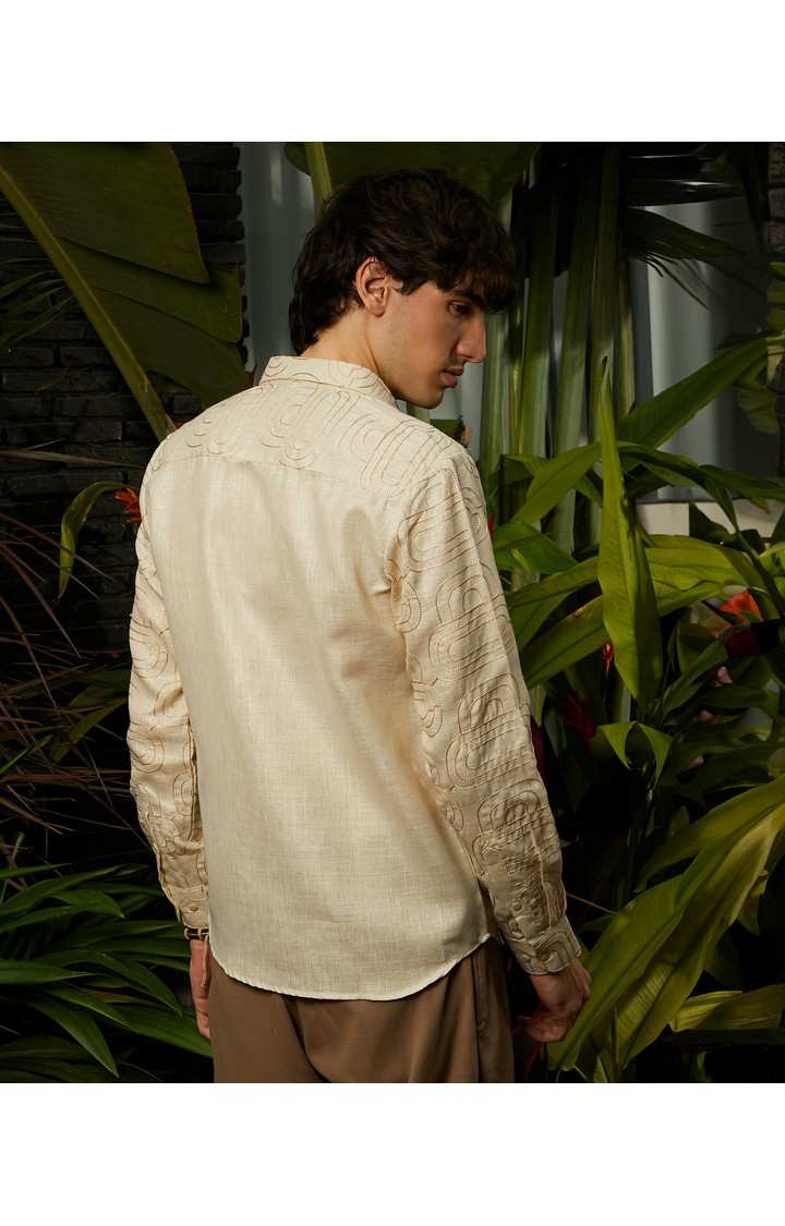 Men's Beige Embroidered Casual Shirts