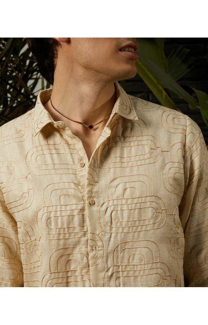 Men's Beige Embroidered Casual Shirts