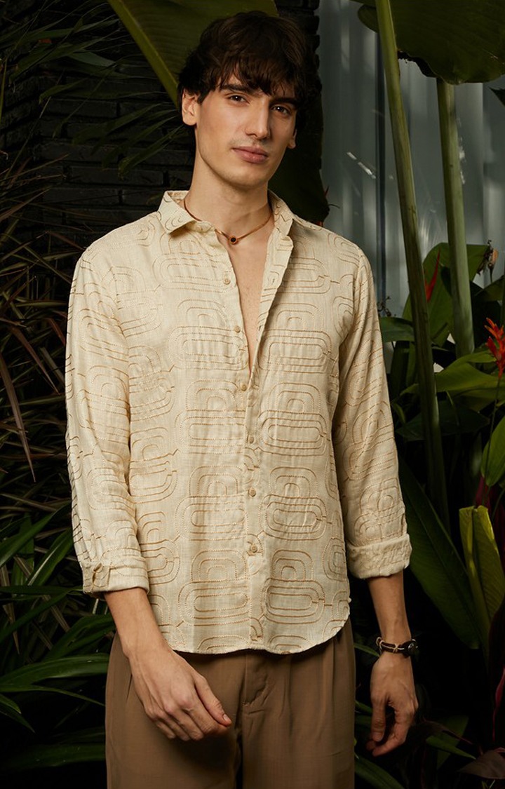 Men's Beige Embroidered Casual Shirts