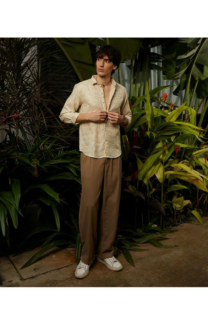 Men's Beige Embroidered Casual Shirts