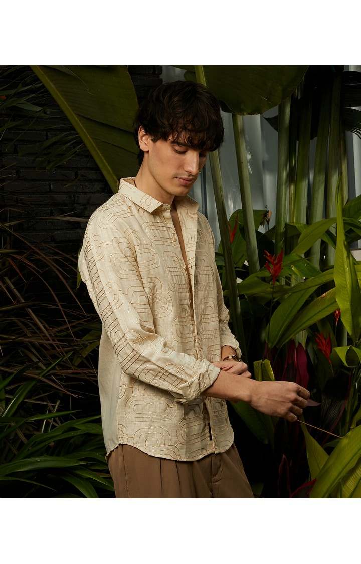 Men's Beige Embroidered Casual Shirts
