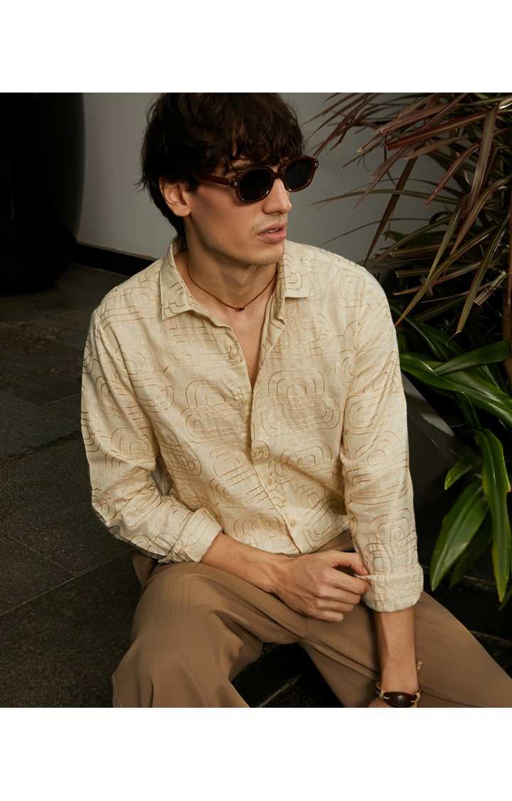 Men's Beige Embroidered Casual Shirts