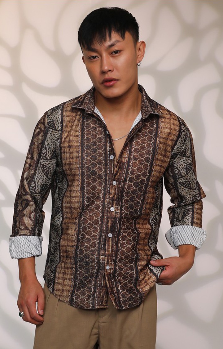 Men's Brown Colourblock Casual Shirts