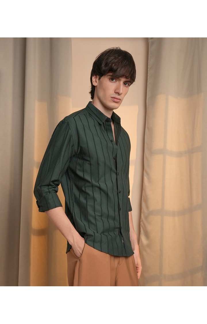 Men's Green Striped Casual Shirts