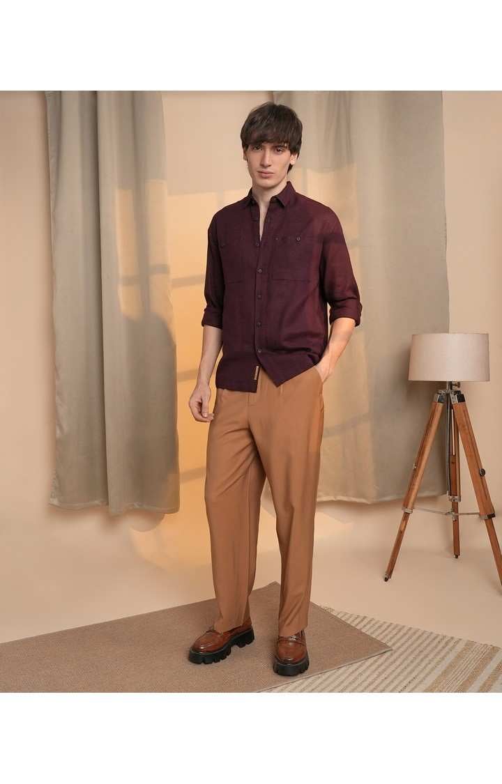 Men's Maroon Solid Casual Shirts