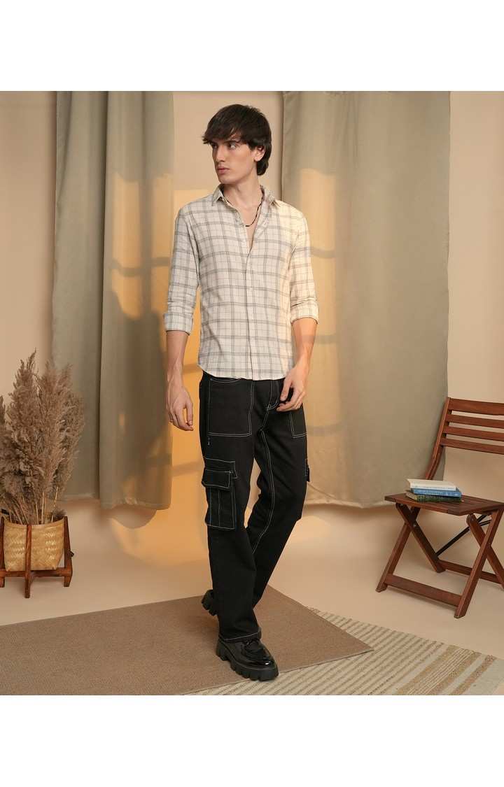 Men's Beige Checked Casual Shirts
