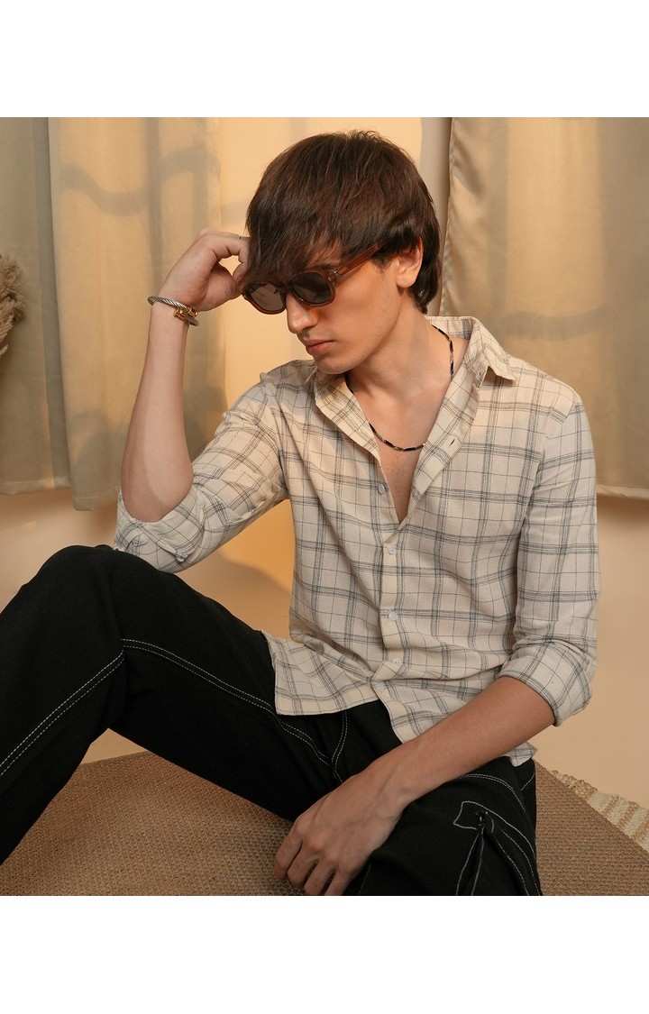 Men's Beige Checked Casual Shirts