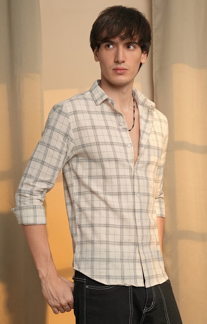 Men's Beige Checked Casual Shirts