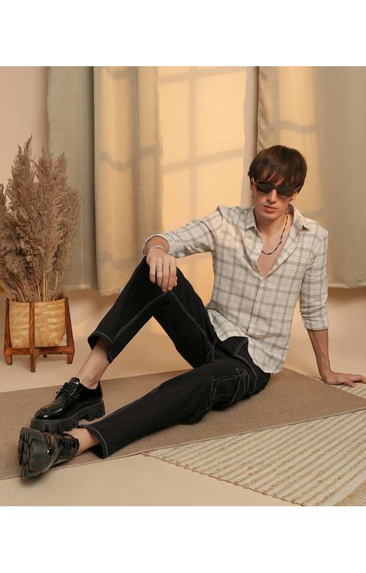 Men's Beige Checked Casual Shirts
