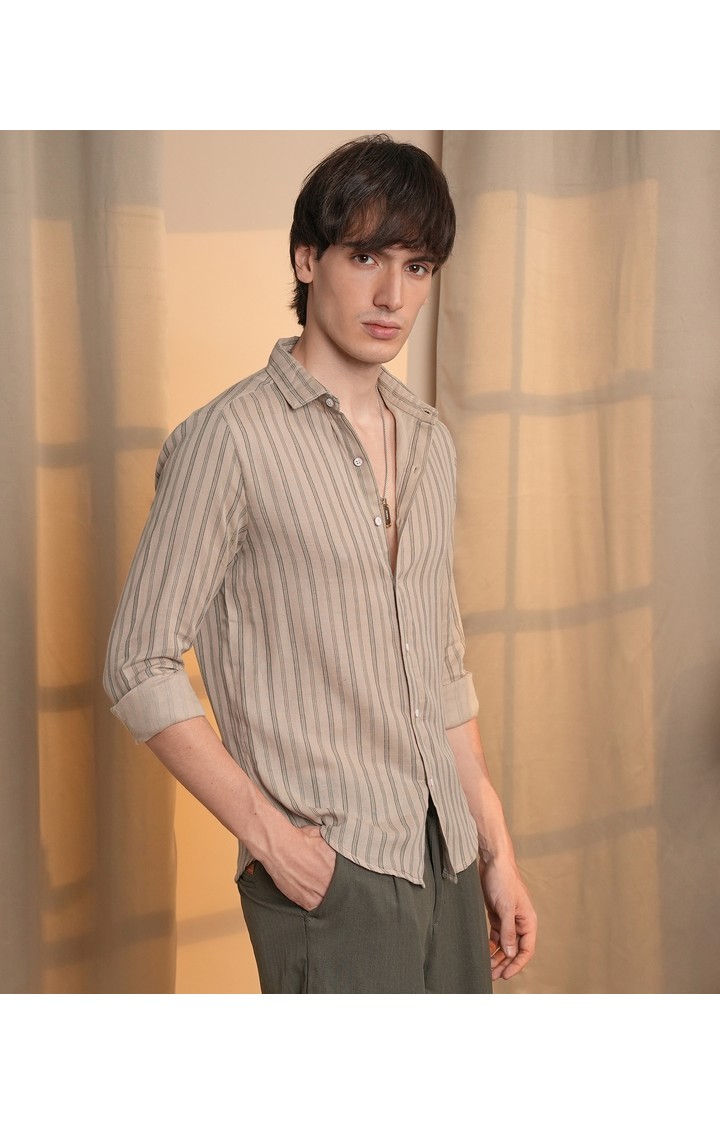 Men's Beige Striped Casual Shirts