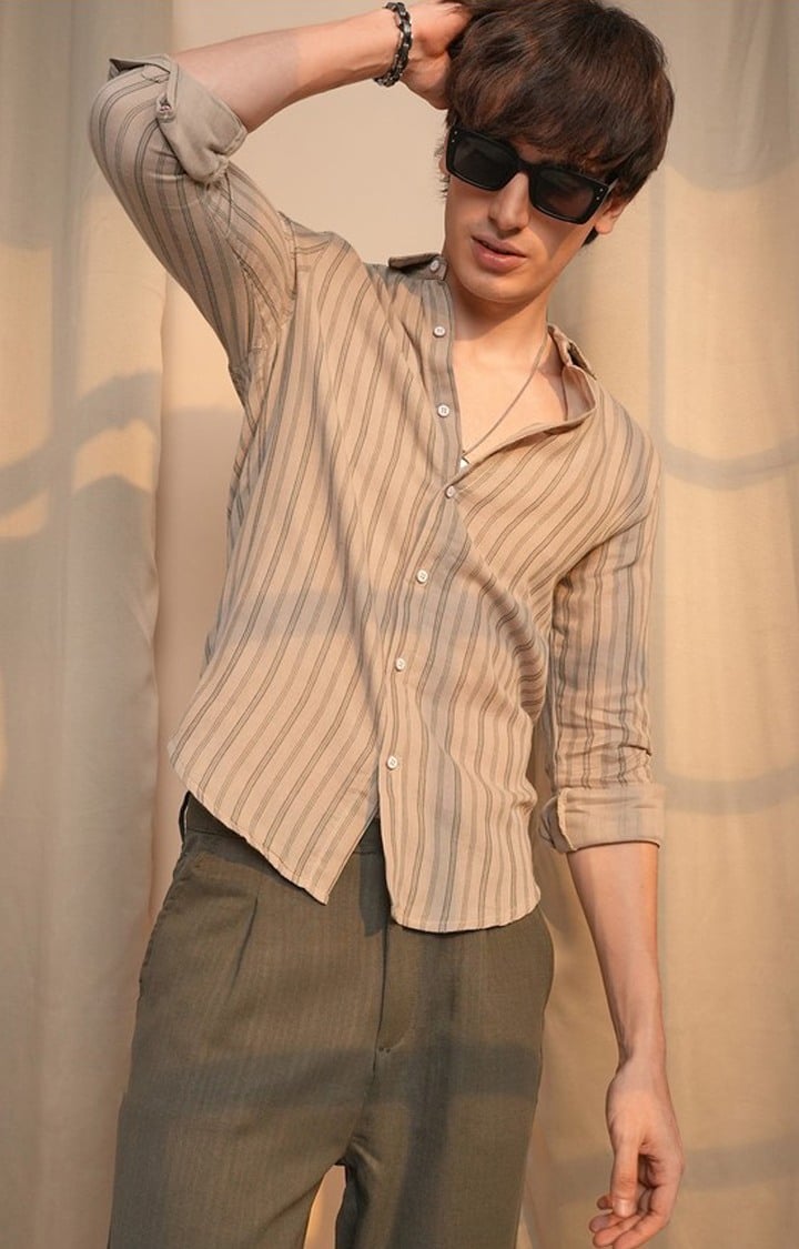 Men's Beige Striped Casual Shirts