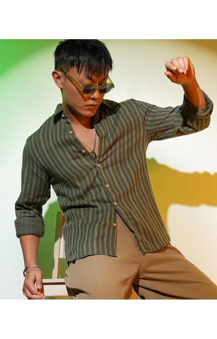 Men's Green Striped Casual Shirts