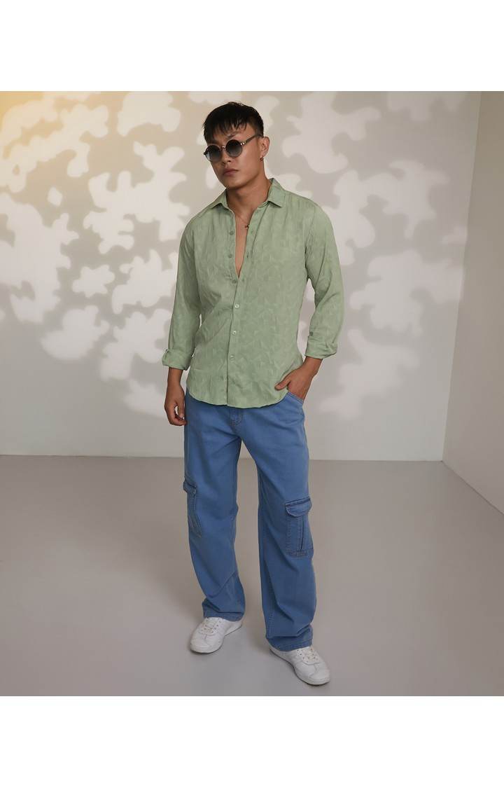 Men's Green Textured Casual Shirts