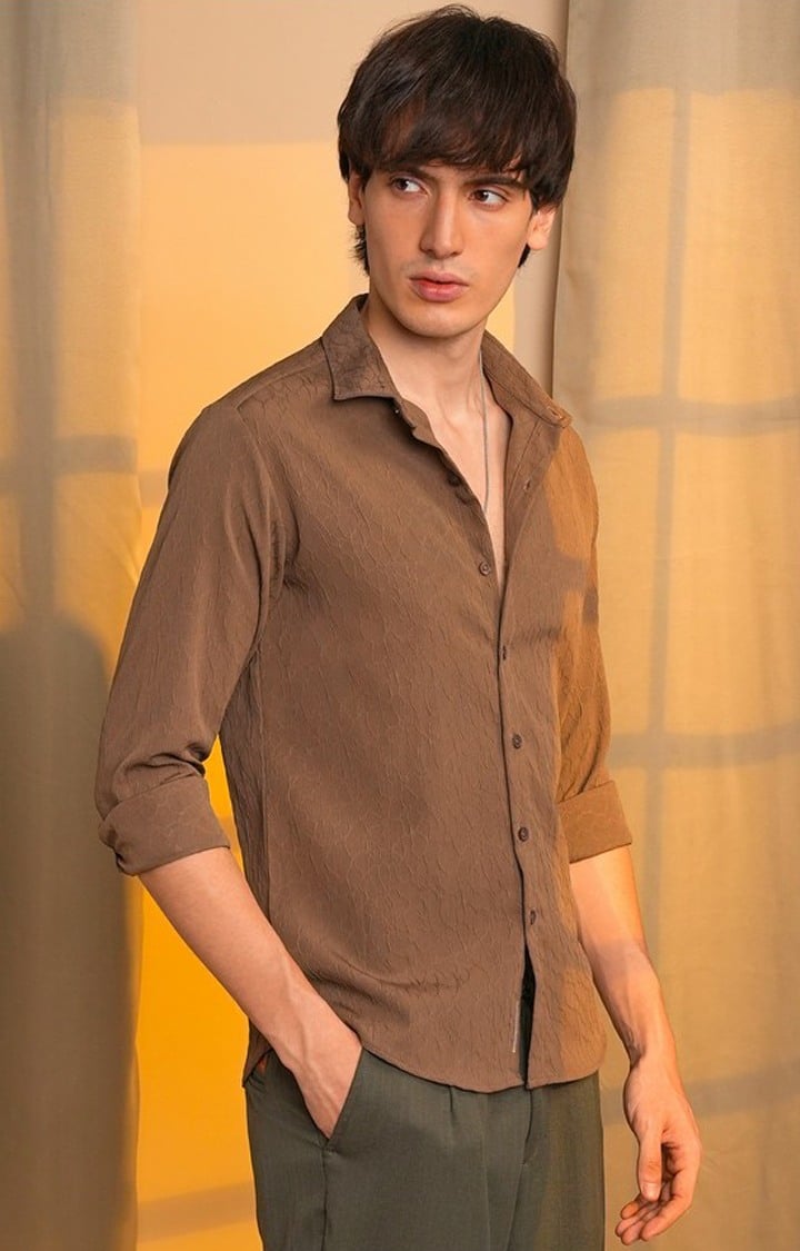 Men's Brown Solid Casual Shirts