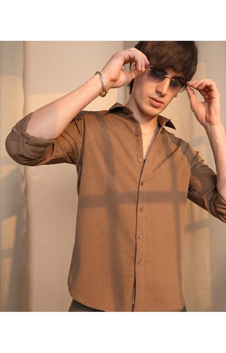 Men's Brown Solid Casual Shirts