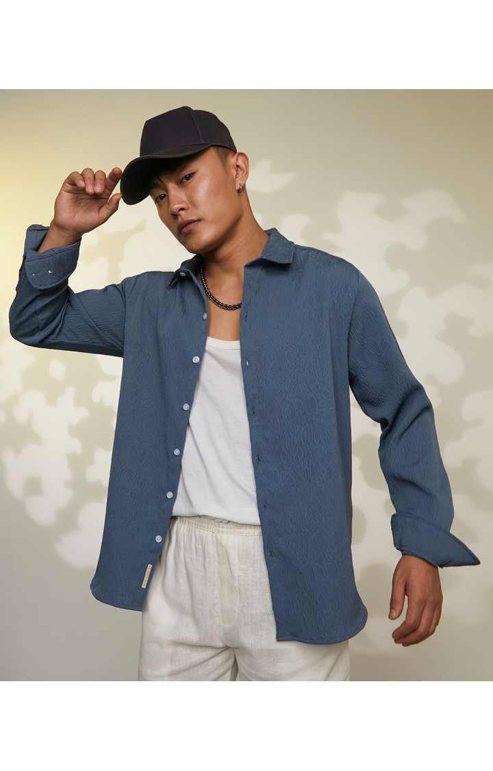 Men's Blue Textured Casual Shirts